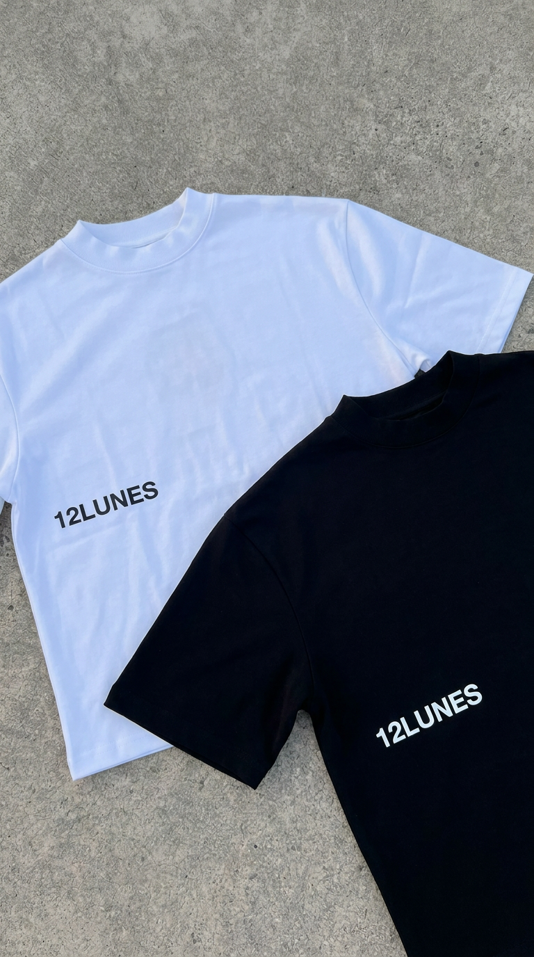 Tee-shirts 12LUNES Charbon et Neige posés côte à côte sur du béton