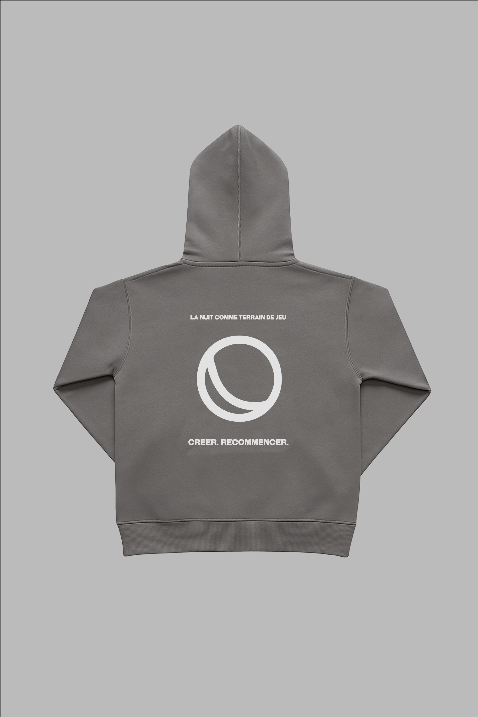 Sweat à capuche Full Zip Gris 12LUNES vu de dos, avec logo circulaire blanc et slogan 'Créer. Recommencer.' imprimés. Streetwear premium coupe normale.